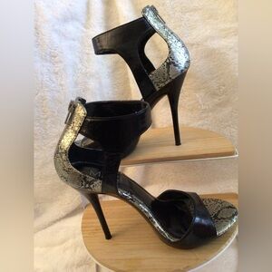 Max Rave Black and Silver Snakeskin Heels